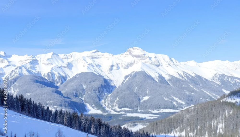 Snowy mountain range under a clear sky. Pine trees at base Snowy mountain range under a clear sky. Pine trees at base