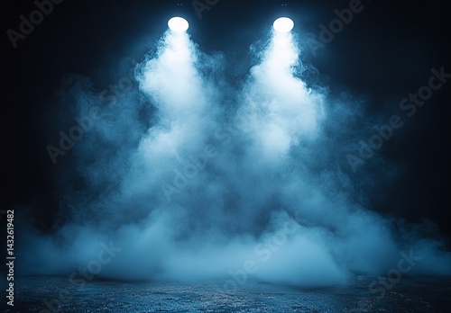 Quadro su tela Two bright lights illuminate a thick blue fog on a dark, textured ground