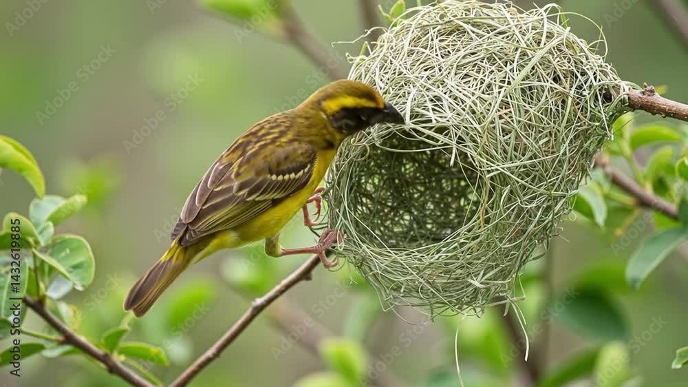 Male weaver bird perched on branch inspecting its intricate woven nest in natural environment. Wildlife close up.