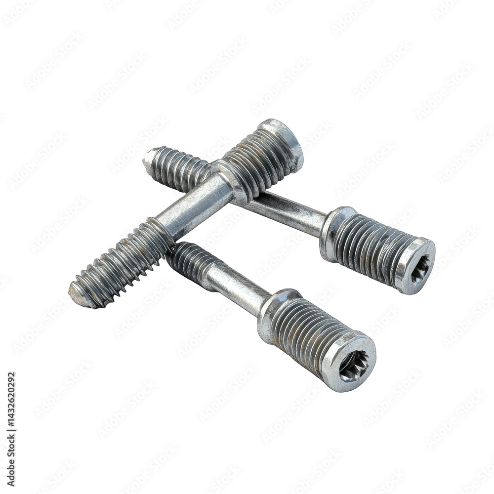 Three metal screws isolated on a transparent background showcasing their design and threaded structure, three screws isolated on a transparent background Three metal screws isolated on a transparent background showcasing their design and threaded structure, three screws isolated on a transparent background