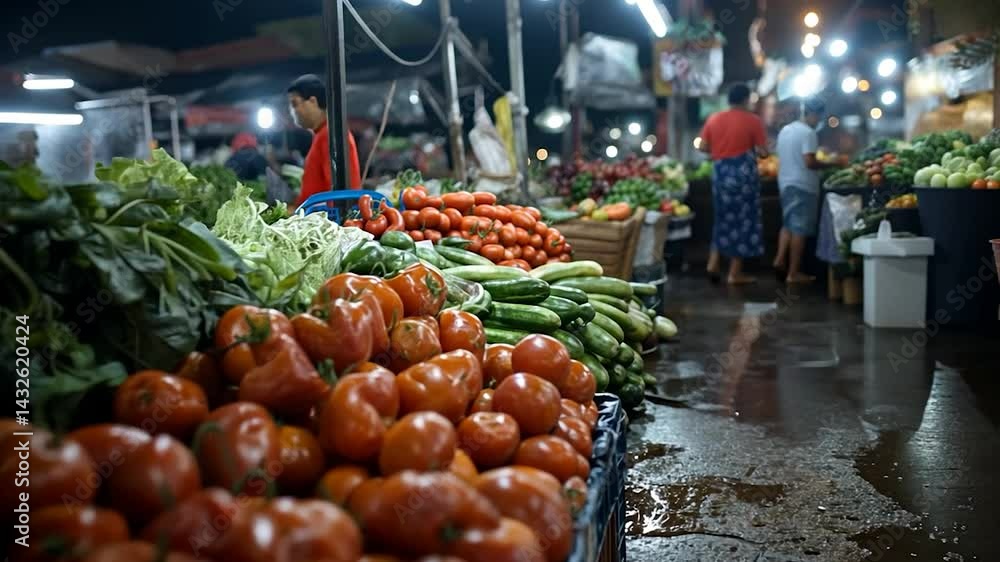 Night market scene showcasing fresh produce with focus on tomatoes and vegetables under artificial lights. People browse through the market adding depth to the busy ambiance. Wet ground reflects the