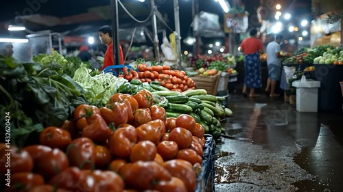 Night market scene showcasing fresh produce with focus on tomatoes and vegetables under artificial lights. People browse through the market adding depth to the busy ambiance. Wet ground reflects the