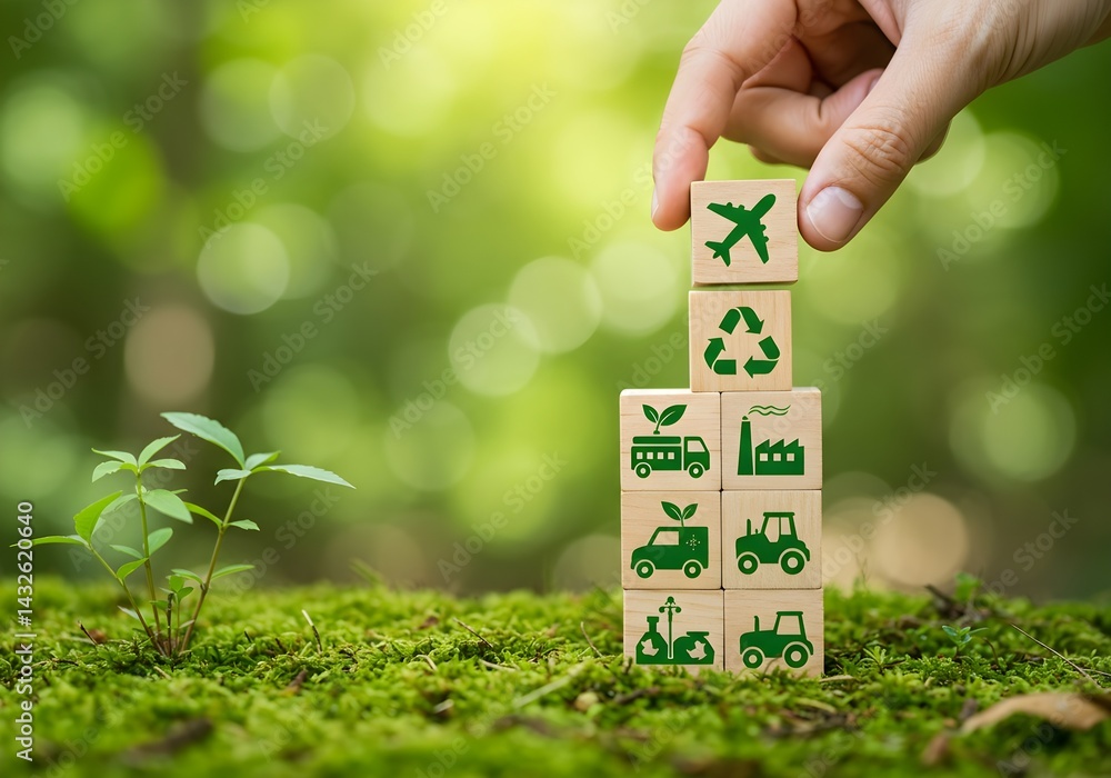 Hand arranging wooden blocks with eco-friendly icons on a mossy surface, symbolizing sustainable practices.