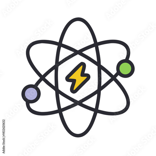 Atom icon with lightning bolt, energy and science
