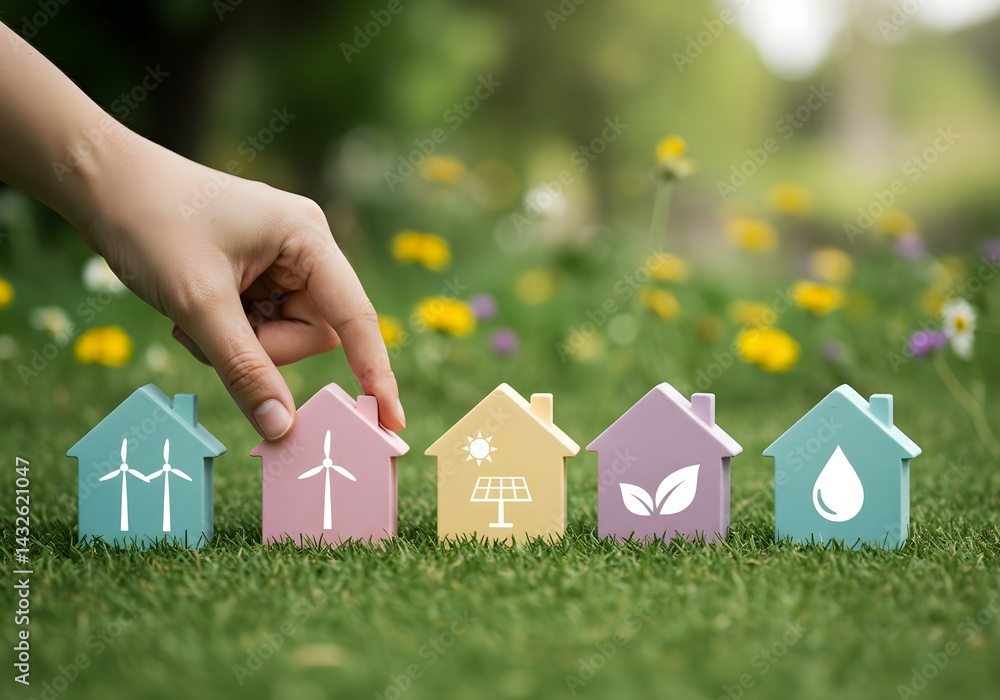 A hand gently places a miniature house representing sustainable living amongst others showcasing wind, solar, and eco-friendly options. A vivid scene of hope for a green future.