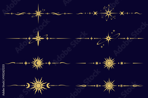 Magic border with stars and moon. Celestial mystic ornament. Astrology tarot golden elements with sun symbol. Vector fantasy divider with spiritual decoration