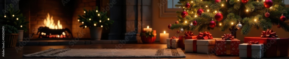 Ornate Christmas tree beside fireplace with presents , interior, gold Ornate Christmas tree beside fireplace with presents , interior, gold