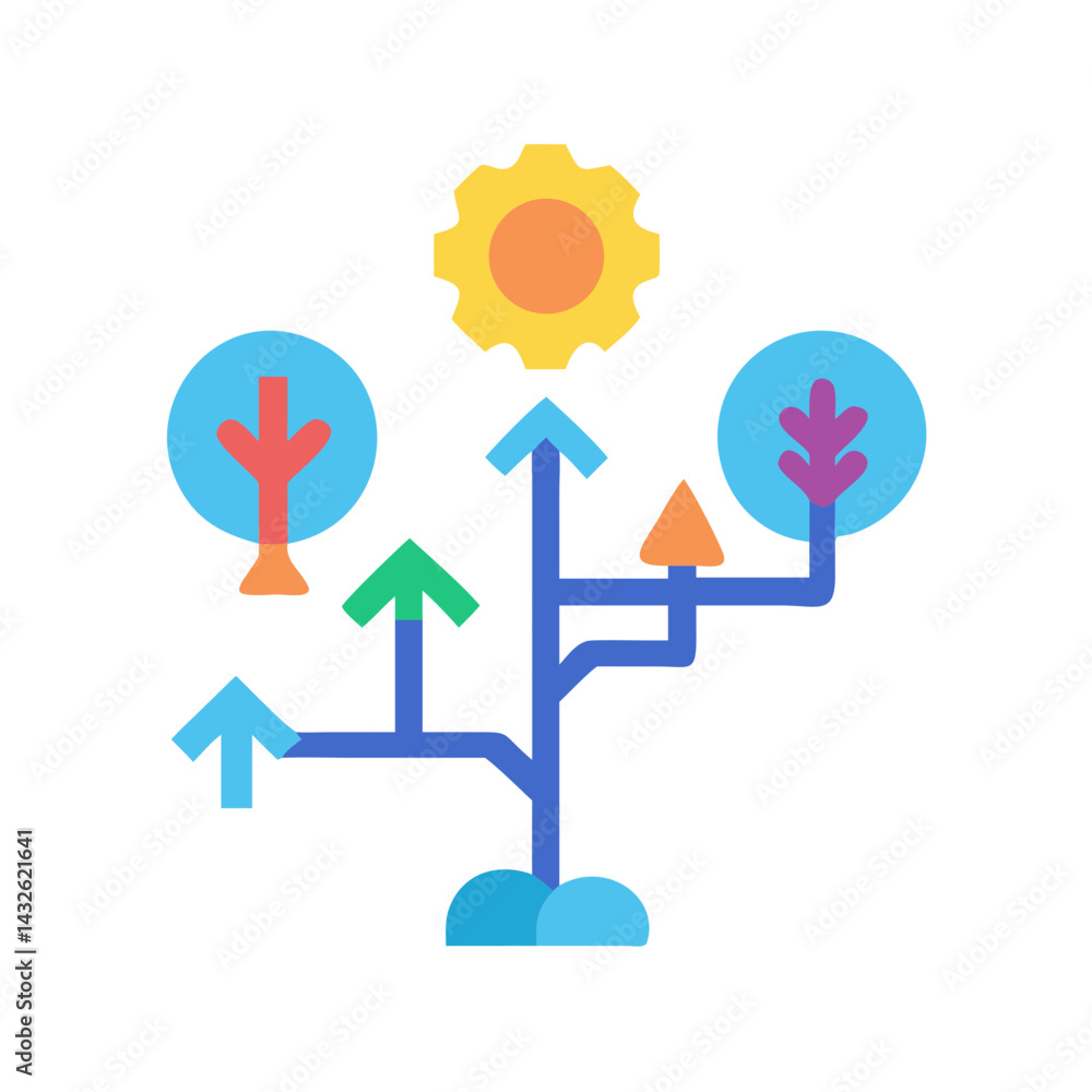 Growth mind map with development arrows and gear symbol Growth mind map with development arrows and gear symbol
