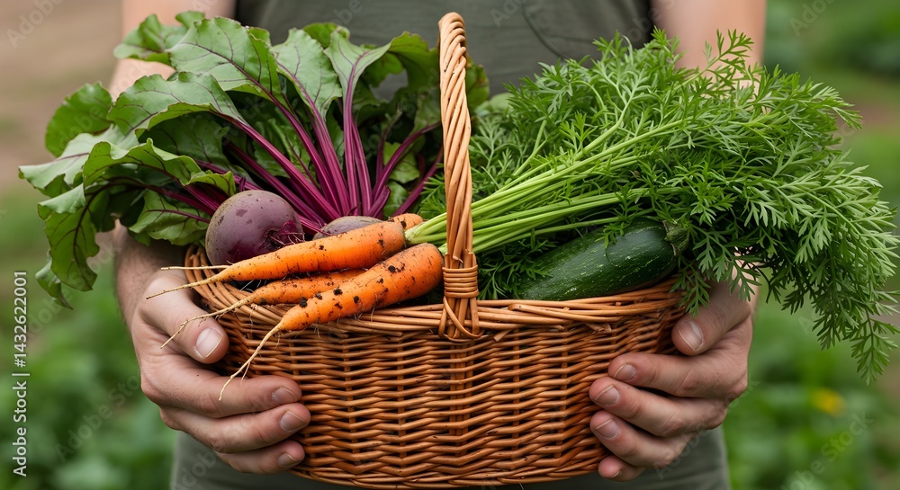 Person holding a basket of freshly picked organic vegetables. A healthy and vibrant harvest!