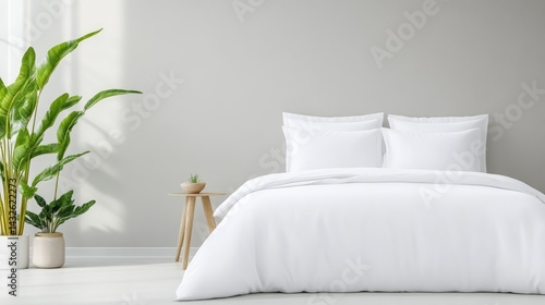 Modern bedroom interior with white bedding and greenery