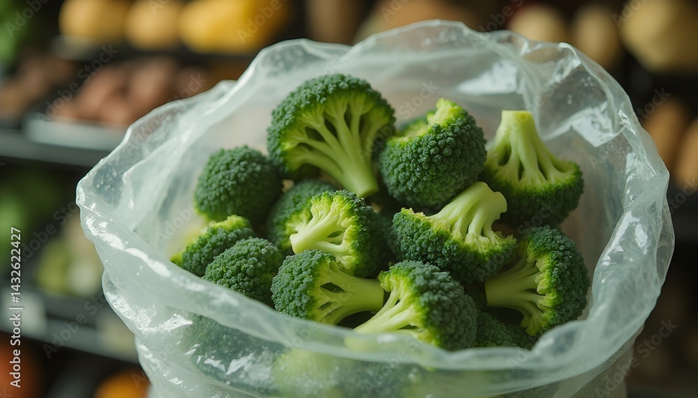 Fresh broccoli florets in a plastic bag at the grocery store. Healthy eating and fresh produce.