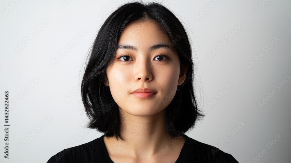 High-quality passport photo of a woman against a plain white background High-quality passport photo of a woman against a plain white background