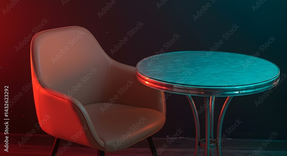A beige armchair sits next to a small, round table with a teal top, illuminated in red and blue light. A moody, stylish scene.