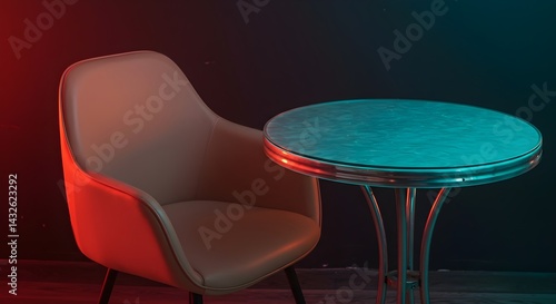 Obraz na płótnie A beige armchair sits next to a small, round table with a teal top, illuminated in red and blue light. A moody, stylish scene. w salonie