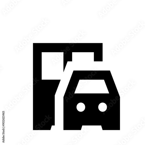 Illustration of a car wash with a car partially inside the washing structure in black and white style