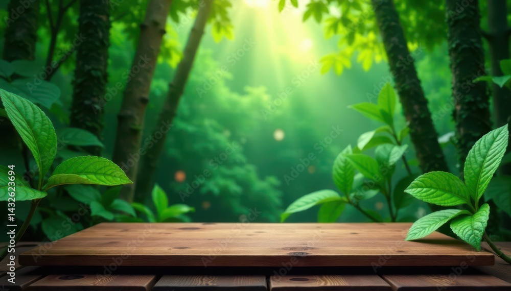 Wooden display platform, vibrant jungle backdrop, advertising, natural, healthy