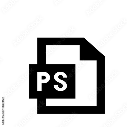 Black and white ps file icon showcasing a document format with the letters ps in bold white font