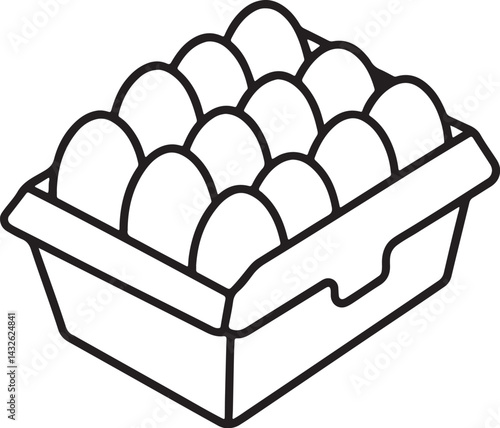 chicken eggs in a carton paper box line art, black outline, vector and illustration, coloring book page line art drawing
