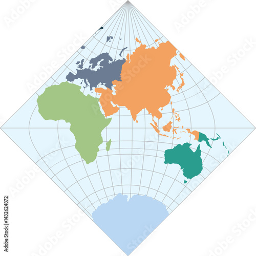 World vector map with continent boundaries and graticules (Eastern hemisphere, Adams hemi projection, PPT-compatible, pre-colored & fully editable)