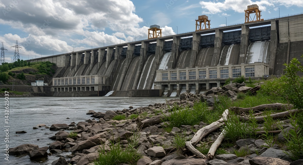 Massive concrete dam with water cascading over spillways. A powerful display of engineering and nature's forces.