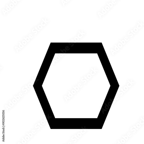 Black outline of a geometric shape resembling a hexagon with angled sides and a white interior space