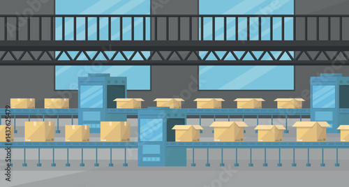 Factory interior with conveyor belt and boxes. Factory production. Logistics warehouse.