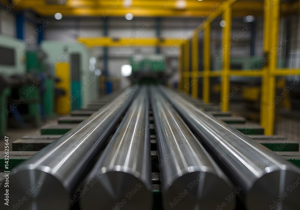 Close-up view of several polished metal rods in a factory setting. The image conveys a sense of industrial precision and manufacturing.