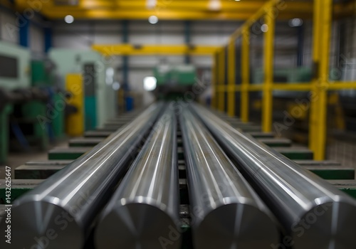 Obraz na płótnie Close-up view of several polished metal rods in a factory setting. The image conveys a sense of industrial precision and manufacturing. w salonie