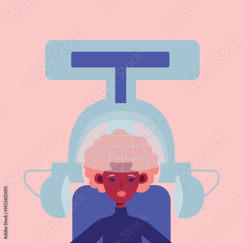 Vector illustration of a woman doing her hair with the help of a robot hairdresser. Beauty salon. Technologies of the future. Hairdressing salon.  AI technologies. 