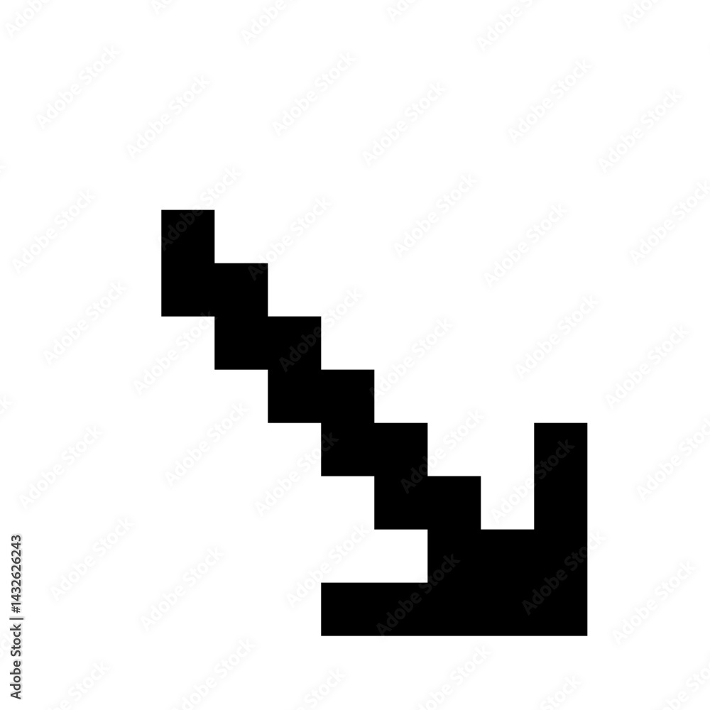 Black pixelated downward staircase or steps pattern isolated against a white background design element Black pixelated downward staircase or steps pattern isolated against a white background design element