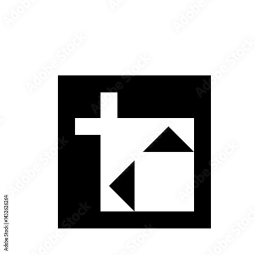 Abstract geometric design featuring a cross shape and triangular elements in black and white colors