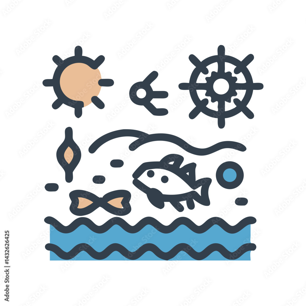 Nautical Scene with Fish, Sun, and Ship Wheel Icon Nautical Scene with Fish, Sun, and Ship Wheel Icon