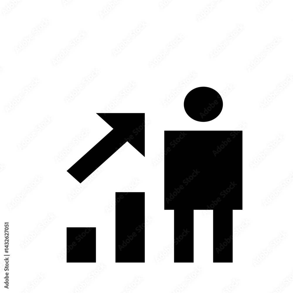 Stylized icon depicting a person next to an upward pointing arrow indicating growth or improvement path forward Stylized icon depicting a person next to an upward pointing arrow indicating growth or improvement path forward