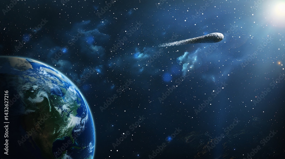 Fototapeta premium Asteroid approaching Earth, space, cosmic background, disaster warning