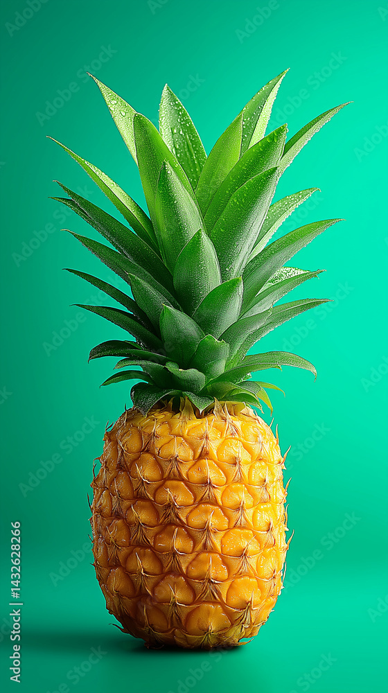 Frische Ananas mit grünem Blattschopf vor leuchtend türkisem Hintergrund im Hochformat