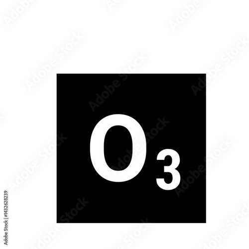 Illustration of the chemical formula o three ozone in white on a black background square format image