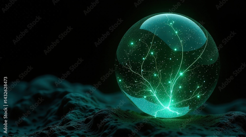 Obraz premium Glowing green orb on textured surface with intricate light patterns.