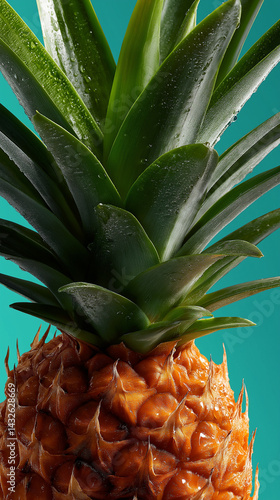 Obraz na płótnie Frische Ananas mit grünem Blattschopf vor leuchtend türkisem Hintergrund im Hochformat w salonie