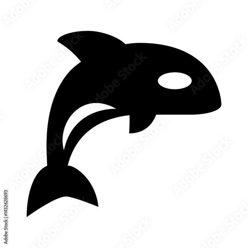 Silhouette of a jumping orca with a visible dorsal fin and tail flukes rendered in a simple black and white style