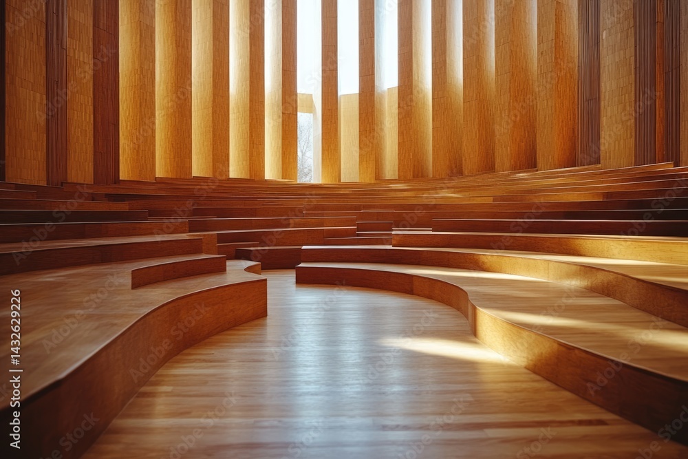 Spacious interior featuring elegantly curved wooden steps and tall windows letting in ample natural light, creating a serene atmosphere