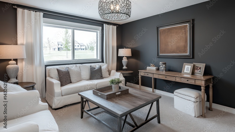 Modern living room interior design, comfortable couch, window view, home office area