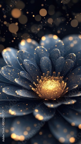 A striking blue flower features golden details shimmering in the darkness, creating a captivating artistic composition