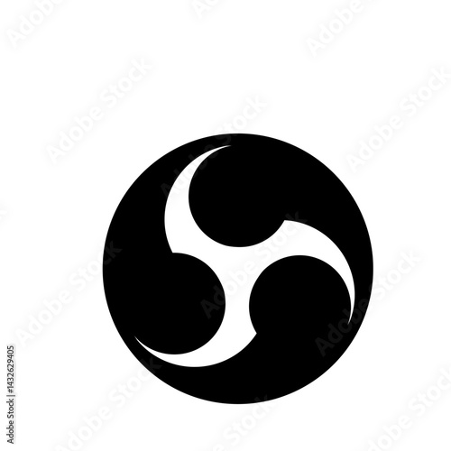 Black circle containing a white tomoe symbol with three curved shapes rotating around the center