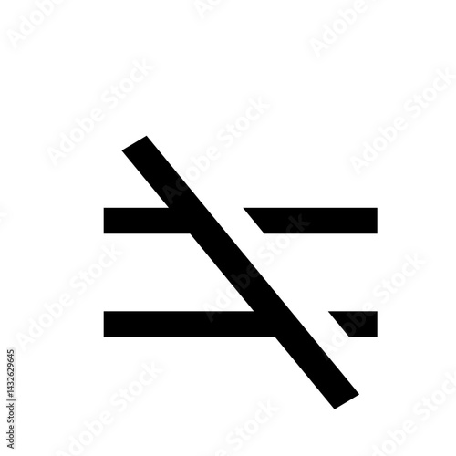 Black not equal to symbol with a diagonal line through two horizontal lines on a white background view