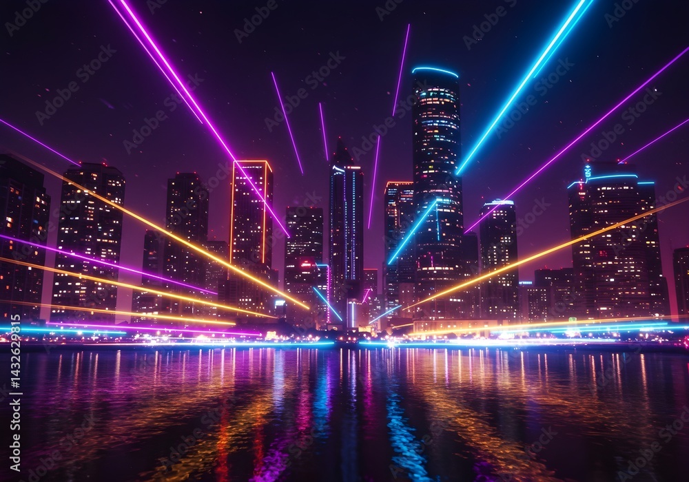 Vibrant city skyline at night, illuminated by colorful neon lights and laser beams reflecting on the calm water.