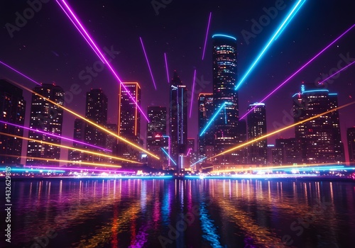 Obraz na płótnie Vibrant city skyline at night, illuminated by colorful neon lights and laser beams reflecting on the calm water. w salonie