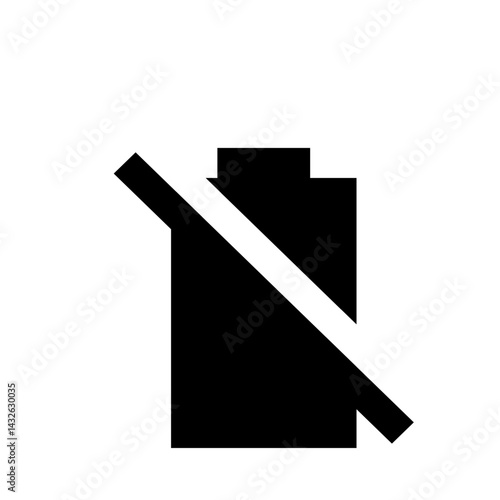 An illustration of a battery with a line through it indicating no battery or not charged with black fill