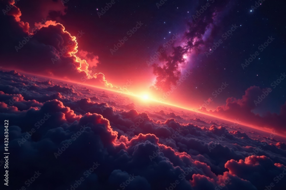 Burning cosmic horizon; immense dark space backdrop, universe, cosmic dust, dramatic Burning cosmic horizon; immense dark space backdrop, universe, cosmic dust, dramatic