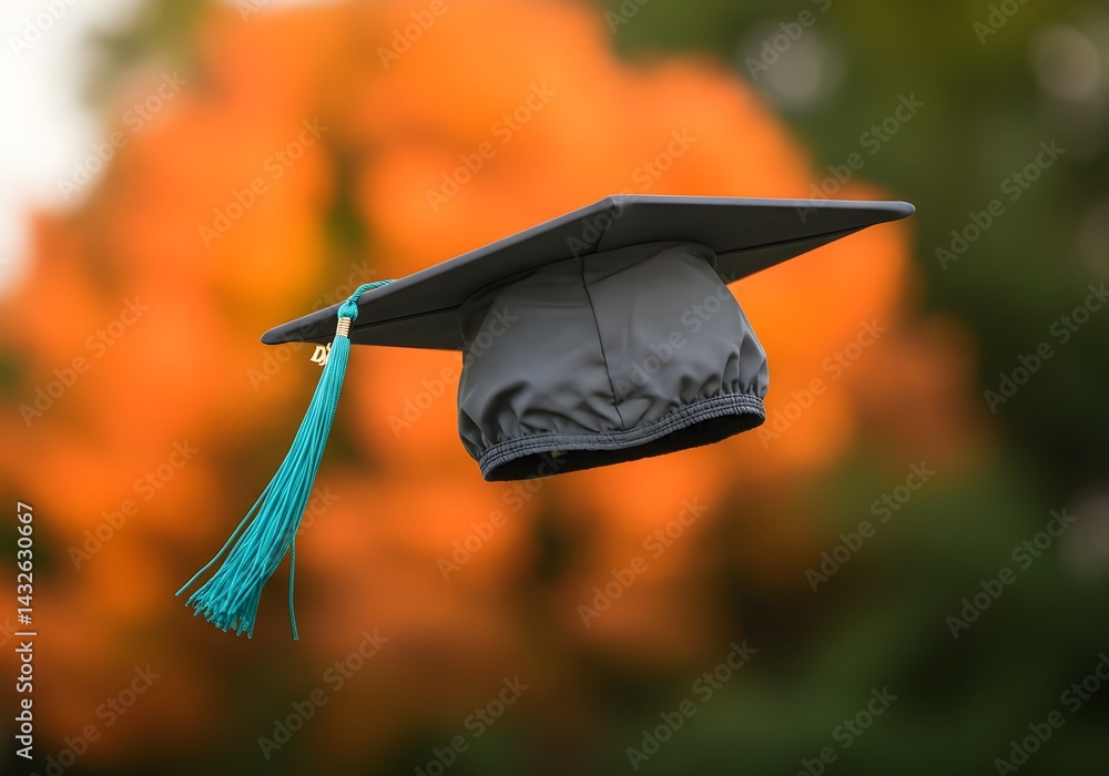 A graduation cap with a teal tassel floats against a blurred background of warm autumn colors, symbolizing the excitement and anticipation of graduation.