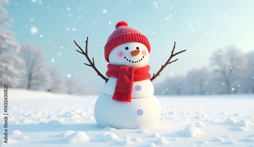 Smiling Snowman in Red Scarf – Cheery Winter Character, Carrot Nose & Twig Arms, Proudly Standing in Snowy Field Smiling Snowman in Red Scarf – Cheery Winter Character, Carrot Nose & Twig Arms, Proudly Standing in Snowy Field